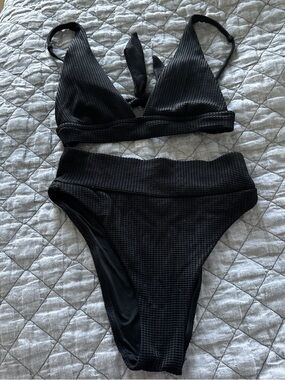 aerie Black Textured High-Waist Bikini Set
